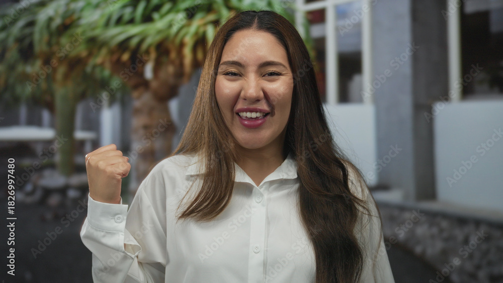 Fototapeta premium Young hispanic woman pumps fist and smiles broadly on street outside urban building with blurred greenery in background; excitement.