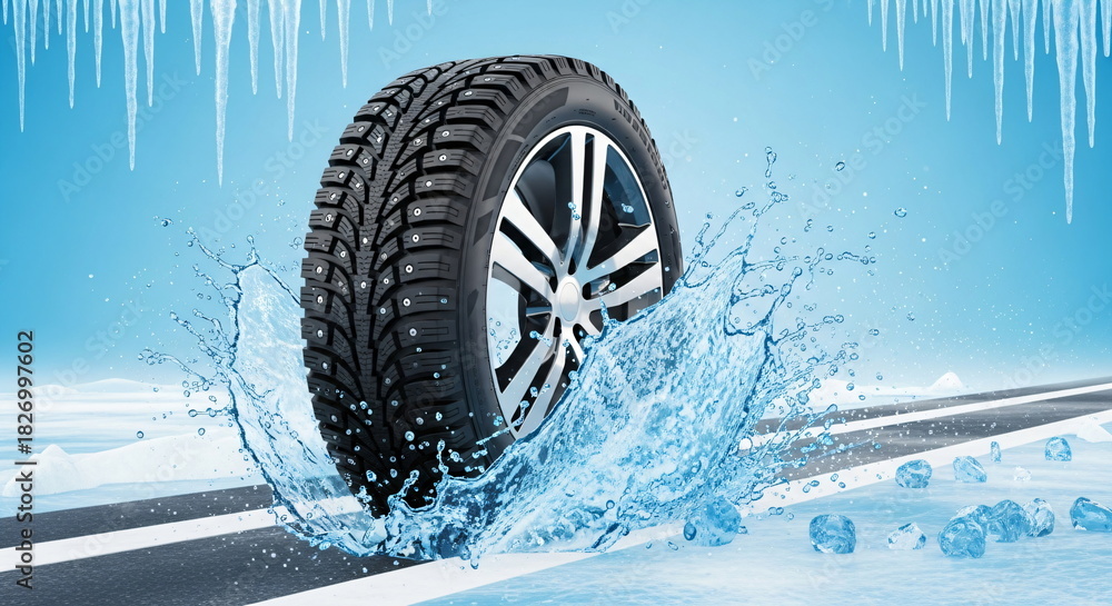 Naklejka premium Tire driving through deep puddle of water with splash. Water scattering from wheel. Car tire with water splash on rainy road.