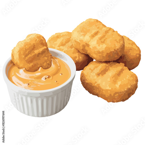 Chicken nuggets with dip in creamy sauce and golden color  