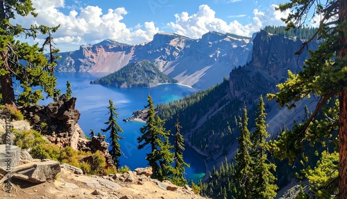 A scenic vista showcasing a deep blue lake nestled within towering cliffs and lush evergreen forests under a sunny sky