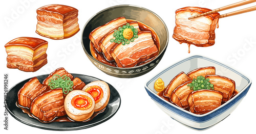 豚の角煮のセットイラスト（盛り付け各種）,和食,煮物,豚肉料理,ご飯のおかず,水彩,リアル