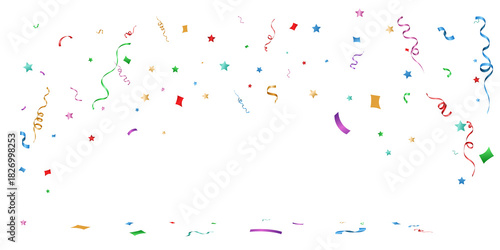 A vibrant PNG confetti border with colorful ribbons, stars, and floating particles, perfect for festive designs, party decorations, and celebratory overlays.