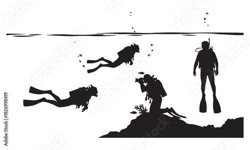 Fishing & Diving Silhouette Vector Bundle: Fisherman, Fish Hooks, Scuba Divers, and Nature Scenes Graphics