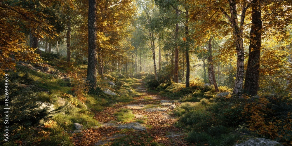 Obraz premium Autumn Forest Path Covered in Colorful Leaves