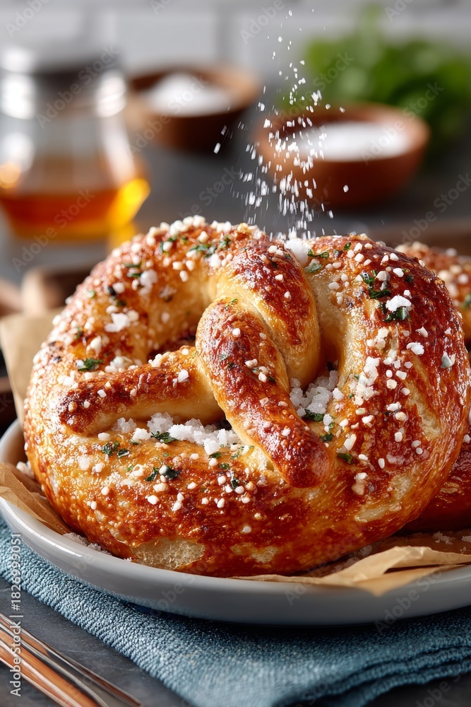 Fototapeta premium Un delicioso pretzel caliente, recién horneado, con sal y hierbas en un plato