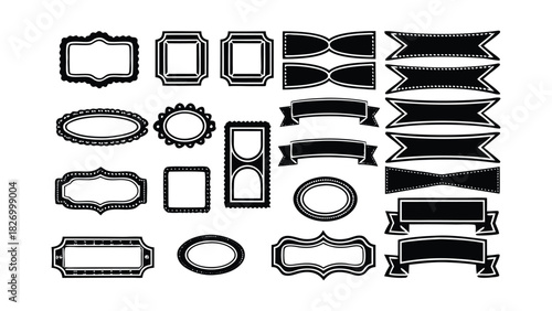 Twenty-four Black Decorative Labels, Frames and Ribbons on White Background badge