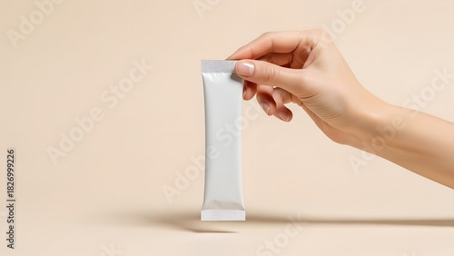 Hand holding blank white sachet stick pack mockup isolated on beige background