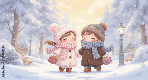 Smiling winter kids walking with gift boxes. Cute bundled couple in snowy park path. Cozy scarf lovers under soft winter light. Playful cartoon pair enjoying snowy walk
