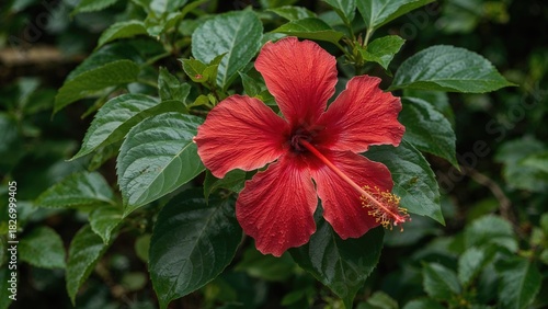 Red hibiscus flower among green leaves.