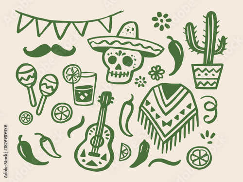 Mexican fiesta doodle icon set vector illustration