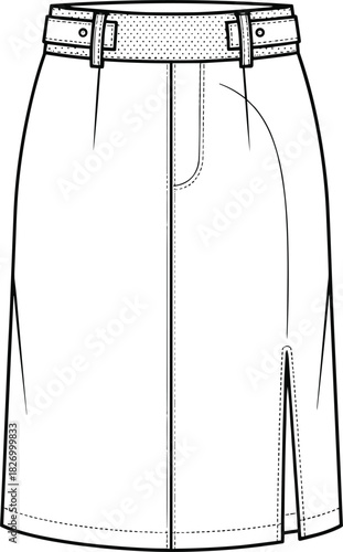 Knee length skirt technical fashion sketch, front slit, waistband with belt loops, buckle detail, pocket, darts, tailored fit, garment construction vector illustrationKnee