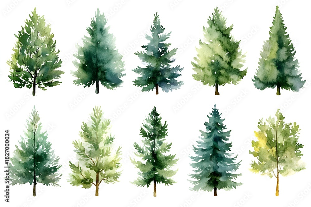 Fototapeta premium Set of watercolor evergreen trees, hand-painted conifers in varied shades of green, isolated on white; botanical clip art collection for seasonal design, cards, and winter forest themes.
