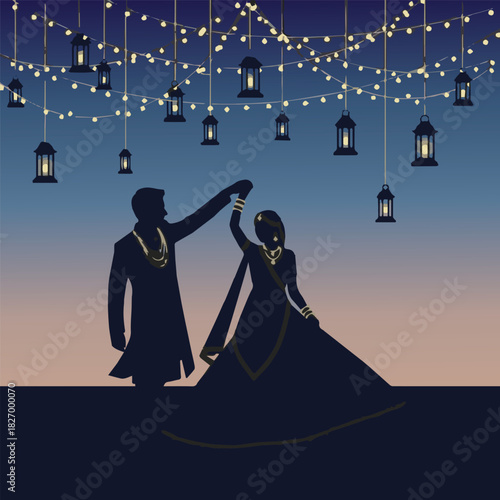 Romantic silhouette vector of an Indian wedding couple dancing under a canopy of string lights and lanterns, with the groom spinning the bride in a lehenga, shown in dark navy silhouettes