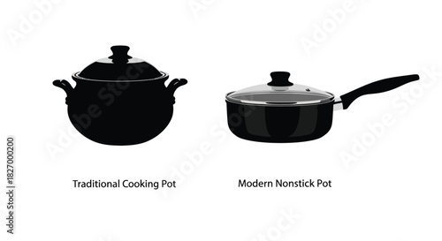 Two cooking pots a traditional pot and a modern nonstick frying pan