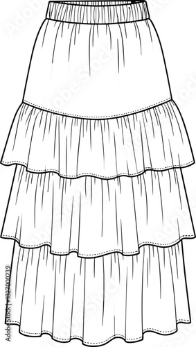 Tiered skirt technical fashion sketch, elastic waistband, gathered layers,Tiered skirt technical fashion sketch, elastic waistband, gathered layers,