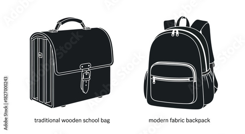 Two contrasting bag designs a vintage wooden school bag and modern backpack