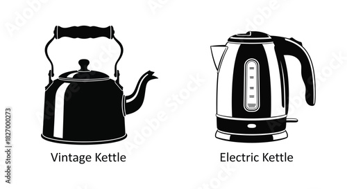 Two kettles depicted in black and white a vintage and an electric model