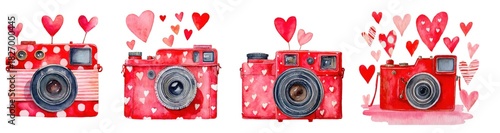 Set of hand-painted red watercolor photo camera with hearts