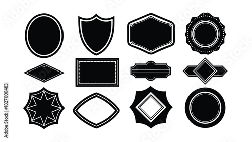 Collection of 12 Black Decorative Labels Badges and Emblems Keywords: label, badge, emblem, seal, crest, shield, banner, ribbon, shape, design