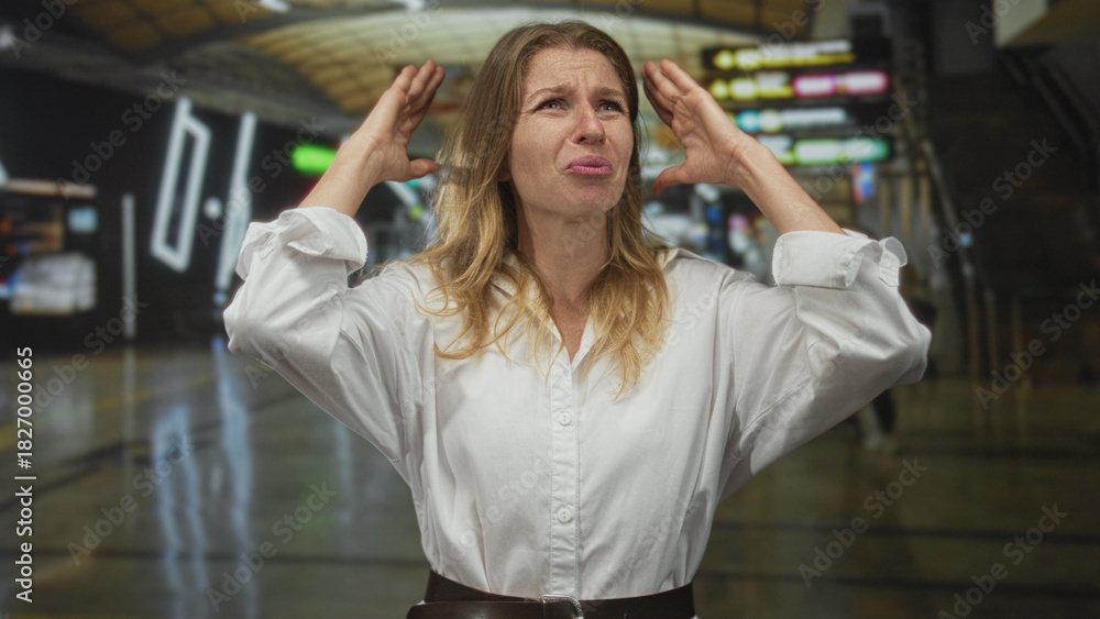 Fototapeta premium Woman with hands raised pleading and crying in airport terminal, wearing white blouse, palms visible, gesturing for help; distress travel.