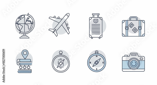 Collection of Travel Icons Featuring Globe Airplane Luggage Camera and Compass.