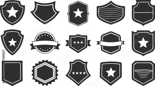 Collection of Black Shield Badges and Emblems With Stars and Ribbons Keywords: shield, badge, emblem, crest, icon, symbol, design, graphic