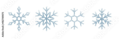 Minimal vintage stipple sandy dots snowflakes set. Cute dotted snow ice shapes collection. Fading gradient Christmas or New Year Holiday symbols.