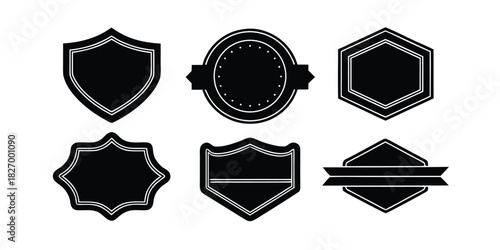 Collection Of Six Black Shield And Emblem Shapes With White Outline On White Background