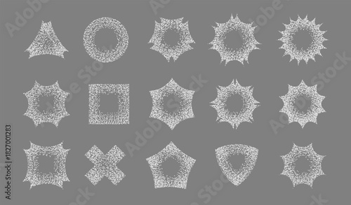 Sand Dot Grain Stippled Dotted Noise Elements Set. Dirty Dust Spray Splattered Vector. Grunge Sprinkle Dotwork Texture Gradient Stain Geometric Figures. Splash of White Dots y2k Design Spots Bundle