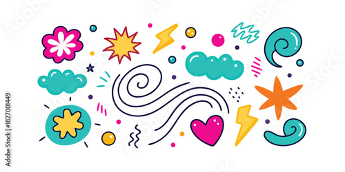 Colorful Hand Drawn Doodle Elements With Clouds Hearts Stars and Lightning Bolts Keywords: doodle, hand drawn, drawing, sketch, illustration