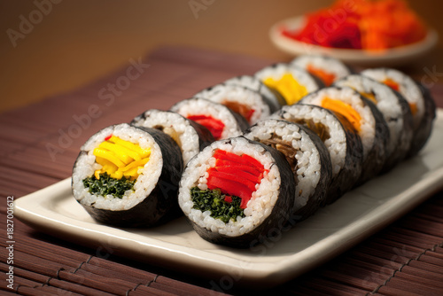 Colorful kimbap rolls are neatly displayed on a minimal table, their glossy textures and fresh ingredients captured in bright, crisp food photography