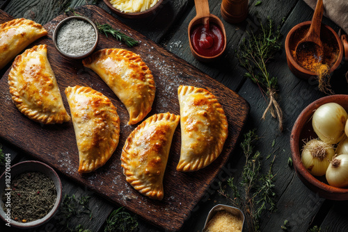 Warm, crispy empanadas are showcased on a rustic table with dramatic lighting that highlights their texture, creating an inviting and professional food-photography aesthetic