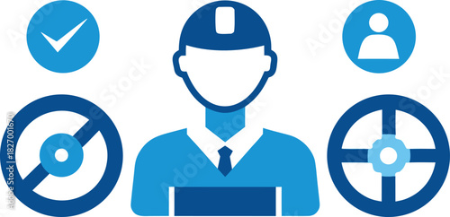 Driving Instructor and Car Steering Wheel Icons with Check Mark and Person Silhouette Keywords: icon, driver, driving, car, steering wheel