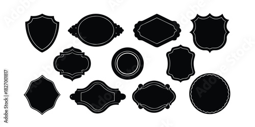 Eleven Black Decorative Frames And Emblems With White Outline On White Background