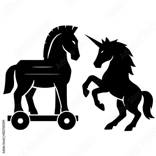 Mythical Creatures Collide: Trojan Horse Meets Majestic Unicorn in Bold Silhouette, Symbolizing Ancient History and Fantasy, Perfect for Creative Designs