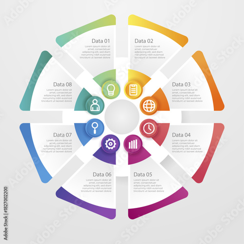 Vector infographic circle divided into 8 steps. Cycle diagram with 8 options. Round chart that can be used for report, business analytics, data visualization and presentation, educational content