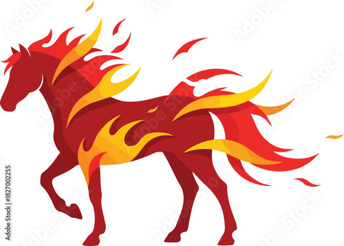 A stylized red horse with yellow and orange flames flowing from its mane and body