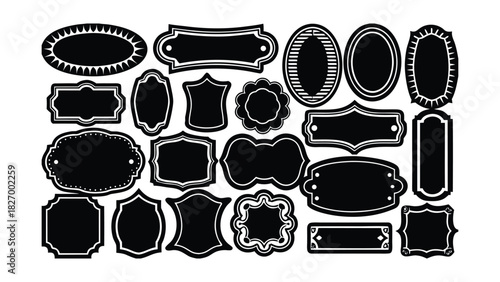 Large Collection of 25 Black Decorative Labels Badges and Emblems Keywords: label, badge, emblem, seal, crest, shield, banner, ribbon, shape