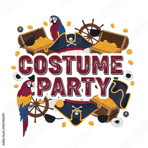 Vibrant Pirate Theme Costume Party Illustration with Treasure, Parrots, and Festive Elements