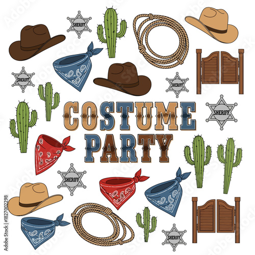 Western Costume Party Invitation Design with Cowboy Hats, Bandanas, and Sheriff Badges