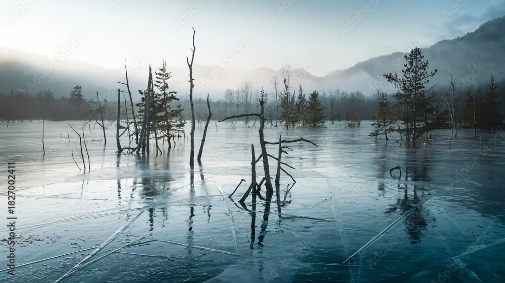 Fototapeta premium Submerged forest where dead trees emerge from a partially frozen alpine lake