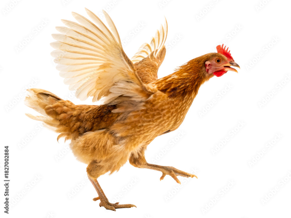 Fototapeta premium Brown hen flapping wings midstride, showcasing feathers and agility, perfect for farm and poultry related projects