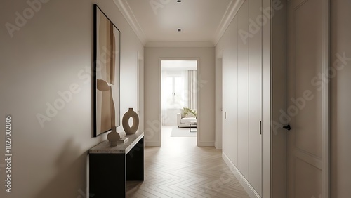 Elegant and minimalist home interior with a long corridor featuring herringbone wooden floors and modern decor
