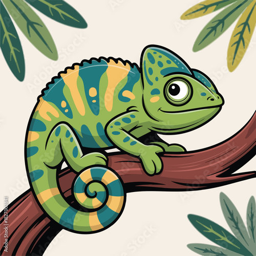 A vibrant green chameleon with colorful patterns sits calmly on a tree branch amidst lush tropical foliage