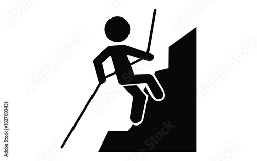 Stick figure person climbing a steep rock face with rope isolated on white background