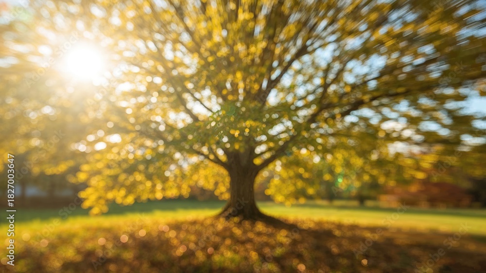 Fototapeta premium A mature tree in the park with sunlight shining through the leaves during autumn. Nature and season, outdoor scenery. The concept of fall foliage and natural beauty.