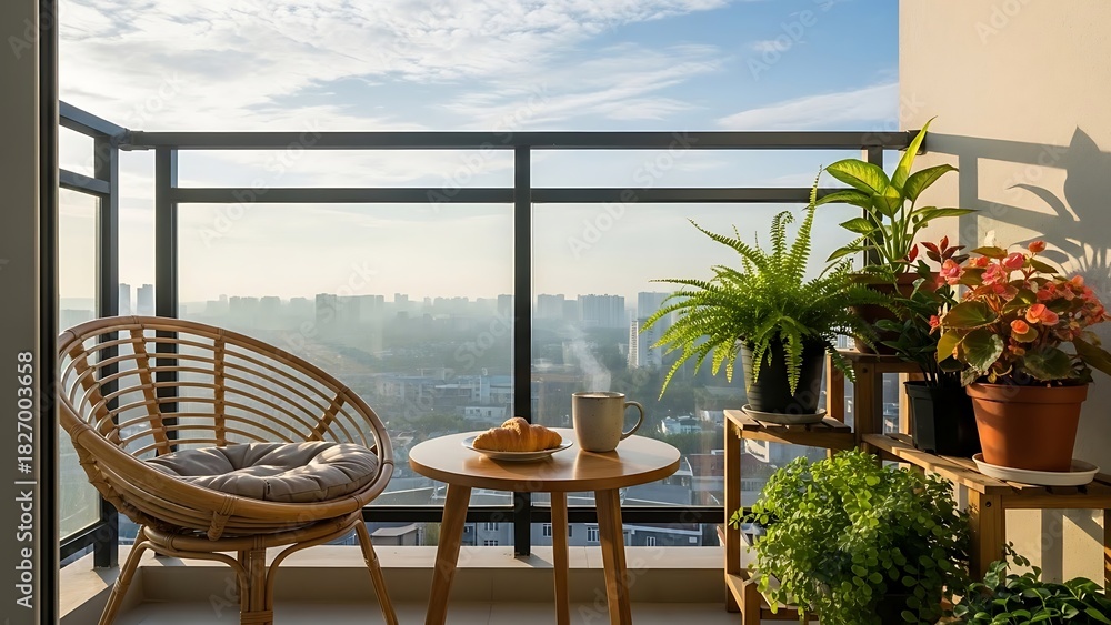 Obraz premium Cozy apartment balcony interior with a rattan chair, green plants, and a city view for a relaxing morning