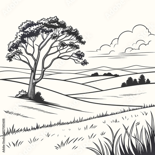 Tranquil countryside scene with rolling hills and a majestic tree, perfect for illustrating serenity and peacefulness, evocative of nature's beauty, originally vector graphics