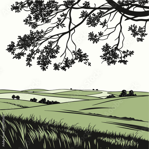 Tranquil rolling hills landscape with lush meadow grass and an overhanging tree branch creates a peaceful, idyllic scene perfect for nature lovers and scenic backgrounds