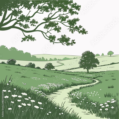 Enchanting grassy field landscape scene with winding path, perfect for nature lovers and idyllic escapes, originally a scalable vector graphic, available for commercial use